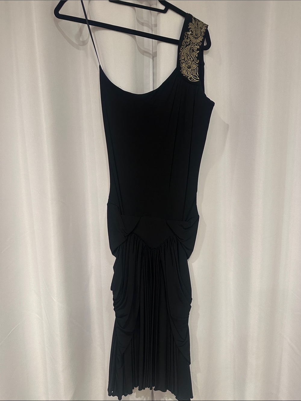 Roberto Cavalli Black One-Shoulder Gold-Embellished Midi Dress